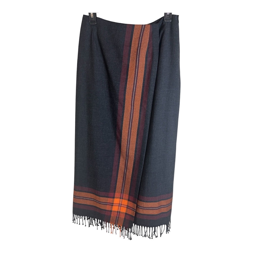 Vintage 100% Wool Valerie Stevens Fringed Hem Wrap Midi Skirt 12 Gray Orange